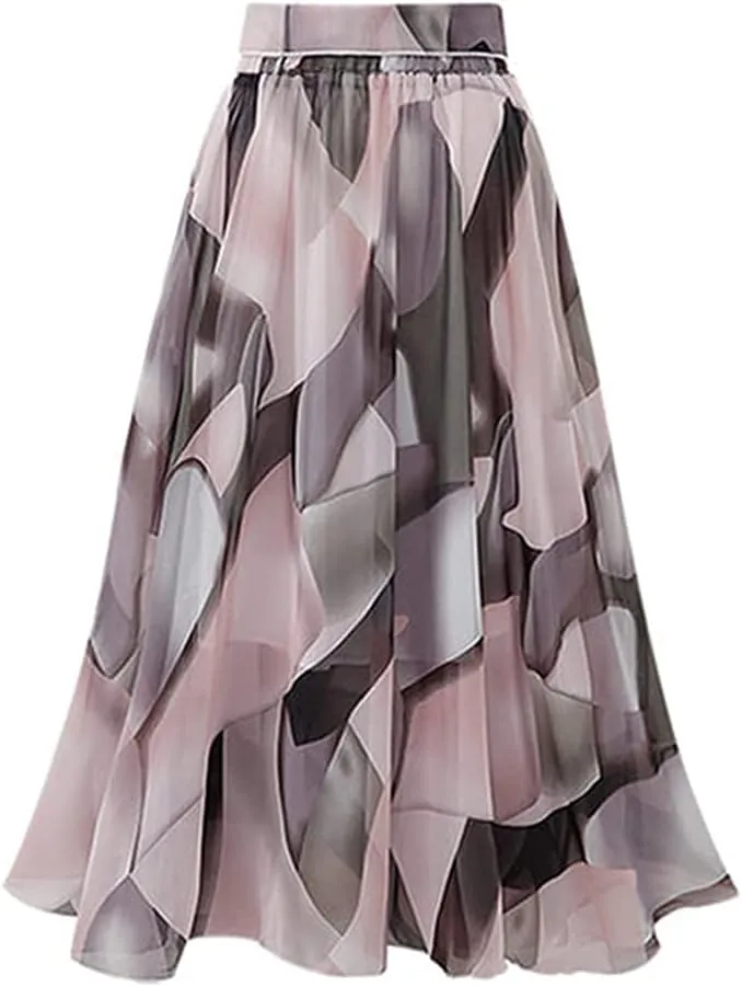 Kinghua Women's Floral Chiffon Midi Skirts Swing Flare Elastic Waist Belted Mid-Long Skirts