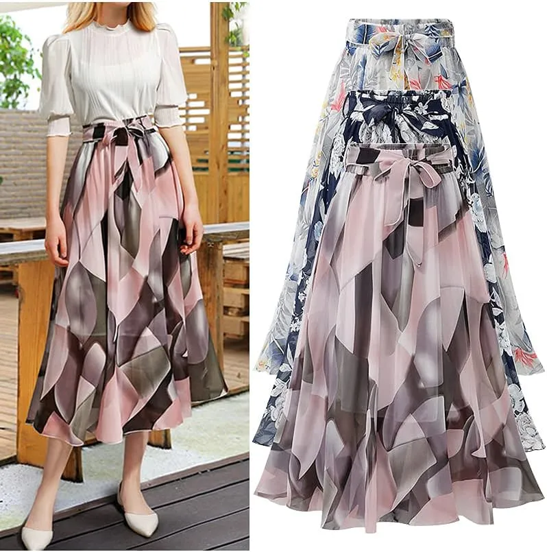 Kinghua Women's Floral Chiffon Midi Skirts Swing Flare Elastic Waist Belted Mid-Long Skirts
