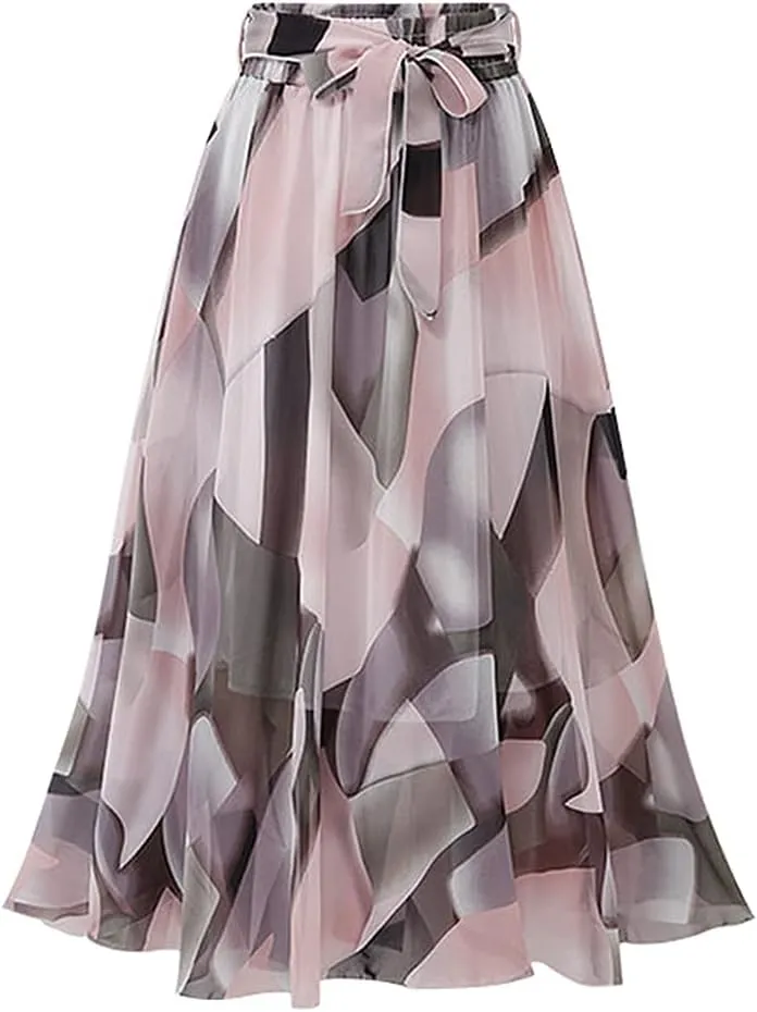 Kinghua Women's Floral Chiffon Midi Skirts Swing Flare Elastic Waist Belted Mid-Long Skirts