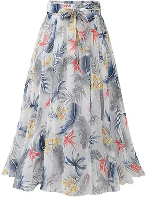 Kinghua Women's Floral Chiffon Midi Skirts Swing Flare Elastic Waist Belted Mid-Long Skirts