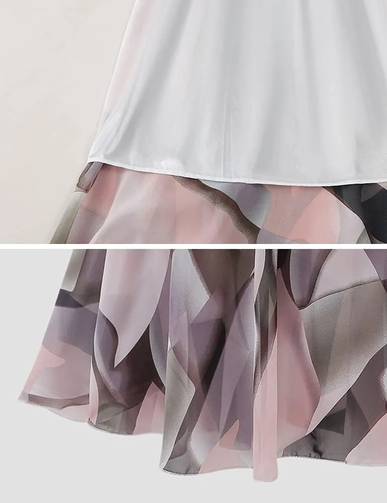 Kinghua Women's Floral Chiffon Midi Skirts Swing Flare Elastic Waist Belted Mid-Long Skirts