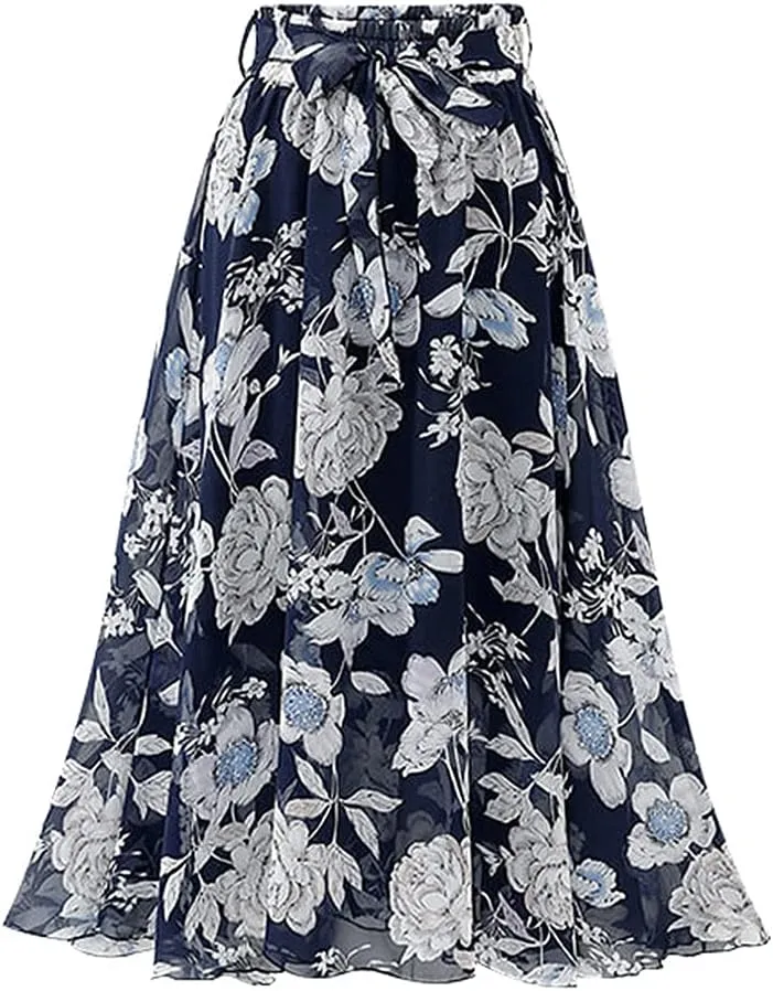 Kinghua Women's Floral Chiffon Midi Skirts Swing Flare Elastic Waist Belted Mid-Long Skirts