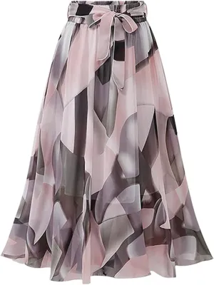 Kinghua Women's Floral Chiffon Midi Skirts Swing Flare Elastic Waist Belted Mid-Long Skirts