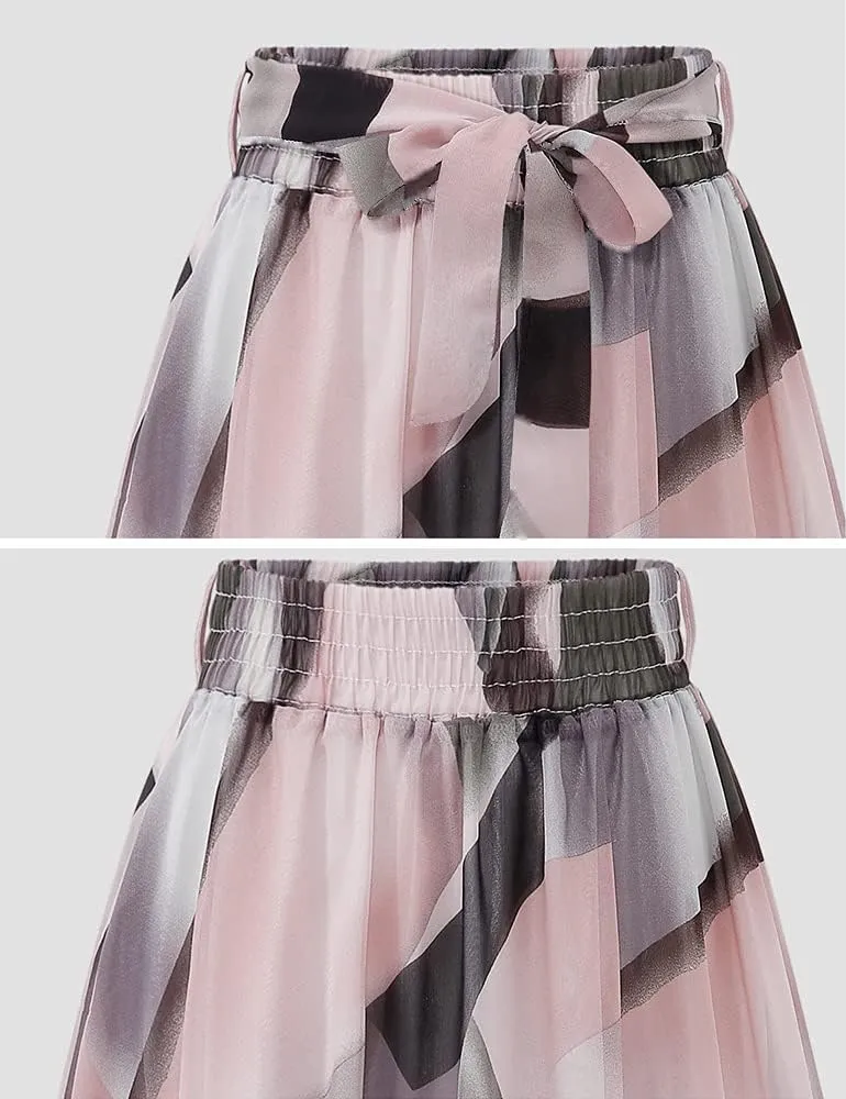 Kinghua Women's Floral Chiffon Midi Skirts Swing Flare Elastic Waist Belted Mid-Long Skirts