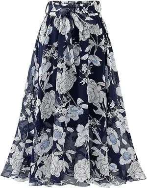 Kinghua Women's Floral Chiffon Midi Skirts Swing Flare Elastic Waist Belted Mid-Long Skirts
