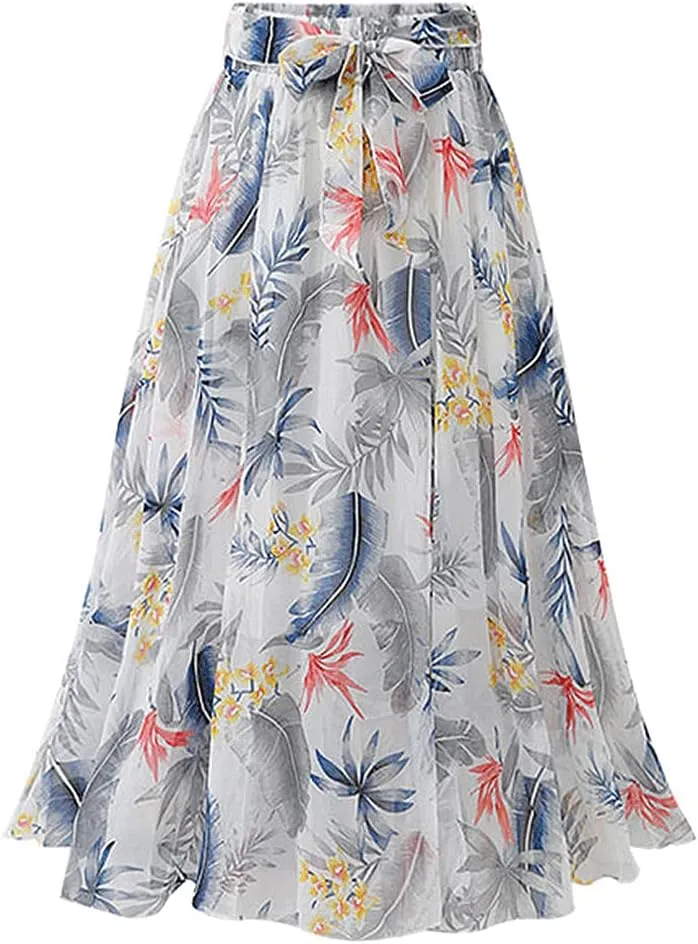 Kinghua Women's Floral Chiffon Midi Skirts Swing Flare Elastic Waist Belted Mid-Long Skirts