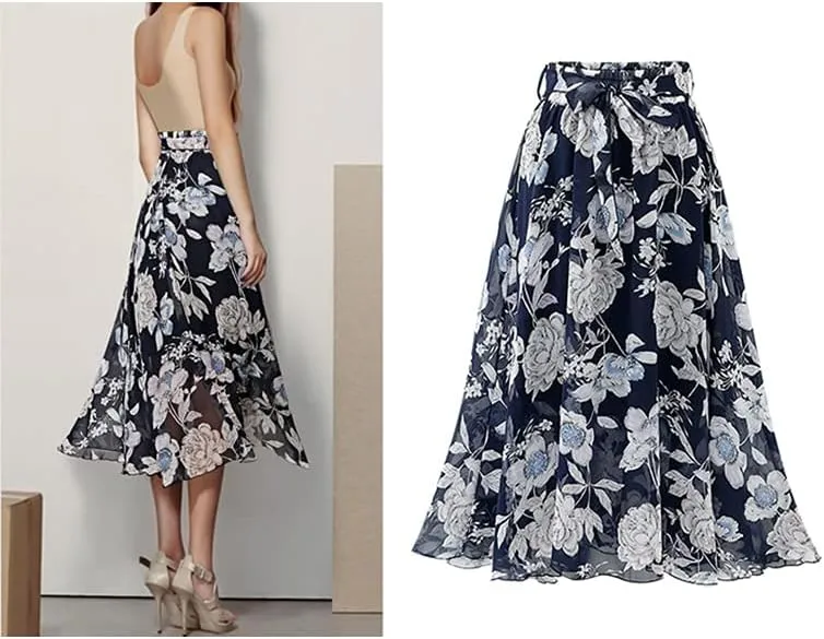 Kinghua Women's Floral Chiffon Midi Skirts Swing Flare Elastic Waist Belted Mid-Long Skirts