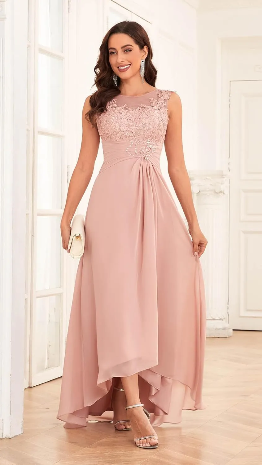 Lace Appliques Mother of The Bride Dresses for Women High Low A-Line Chiffon Fomal Party Gown