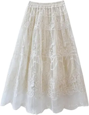 Lace Embroidery Tulle Pleated Long Skirts for Women High Waist Patchwork A-Line Umbrella Skirt