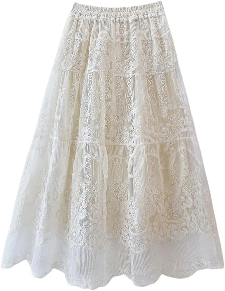 Lace Embroidery Tulle Pleated Long Skirts for Women High Waist Patchwork A-Line Umbrella Skirt