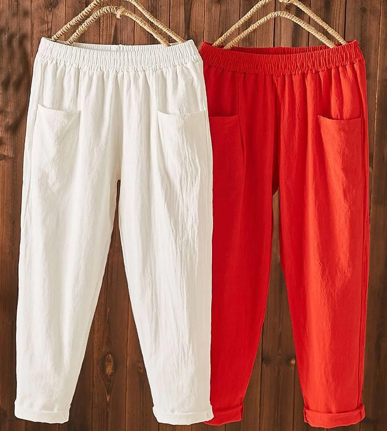 Ladies Linen Cropped Trousers Women's Casual Harem Trousers High Waist Baggy Solid Color Trousers with Pockets