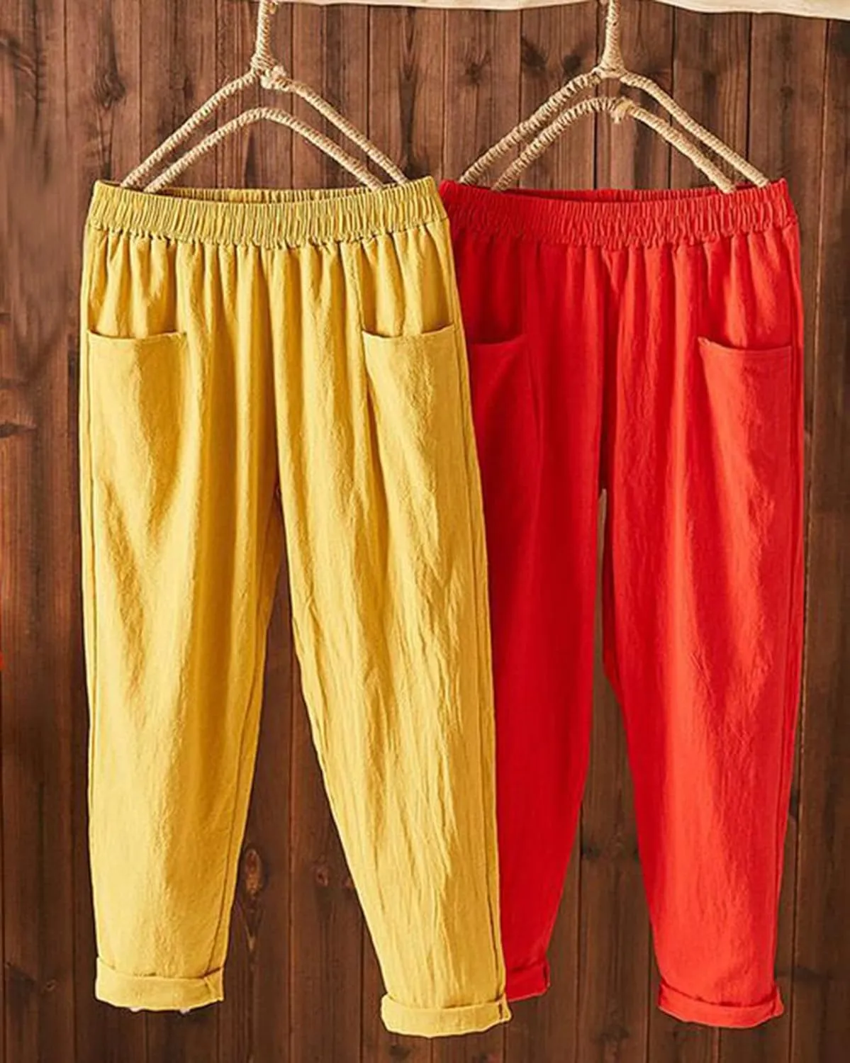 Ladies Linen Cropped Trousers Women's Casual Harem Trousers High Waist Baggy Solid Color Trousers with Pockets