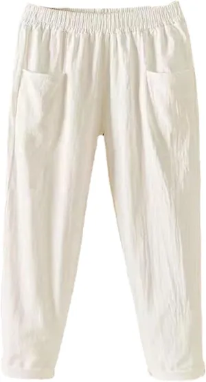 Ladies Linen Cropped Trousers Women's Casual Harem Trousers High Waist Baggy Solid Color Trousers with Pockets