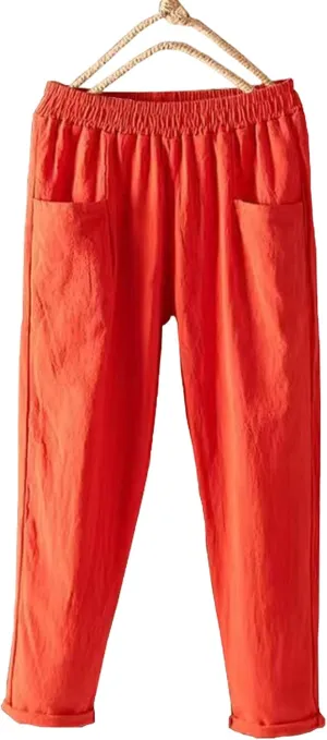 Ladies Linen Cropped Trousers Women's Casual Harem Trousers High Waist Baggy Solid Color Trousers with Pockets