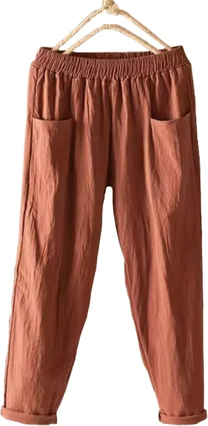 Ladies Linen Cropped Trousers Women's Casual Harem Trousers High Waist Baggy Solid Color Trousers with Pockets