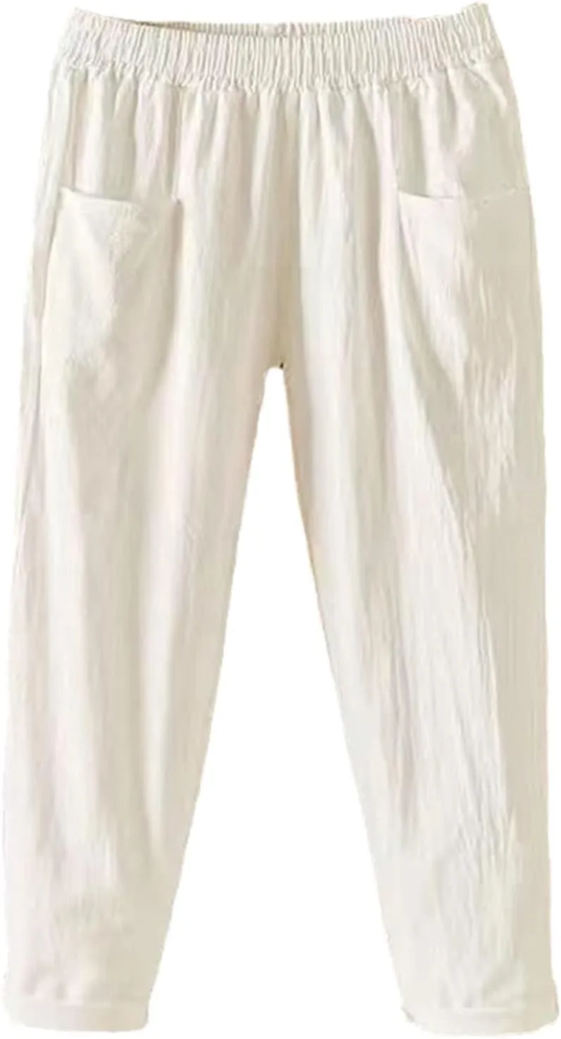 Ladies Linen Cropped Trousers Women's Casual Harem Trousers High Waist Baggy Solid Color Trousers with Pockets