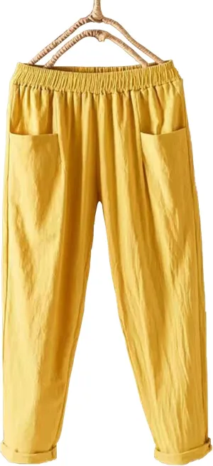 Ladies Linen Cropped Trousers Women's Casual Harem Trousers High Waist Baggy Solid Color Trousers with Pockets