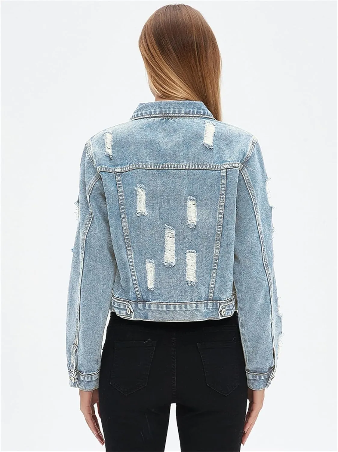 LifeShe Distressed Jean Jacket Women Cropped Button Down Washed Boyfriend Denim Jacket Crop Ripped Coat
