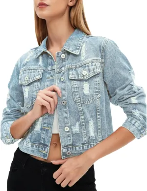 LifeShe Distressed Jean Jacket Women Cropped Button Down Washed Boyfriend Denim Jacket Crop Ripped Coat