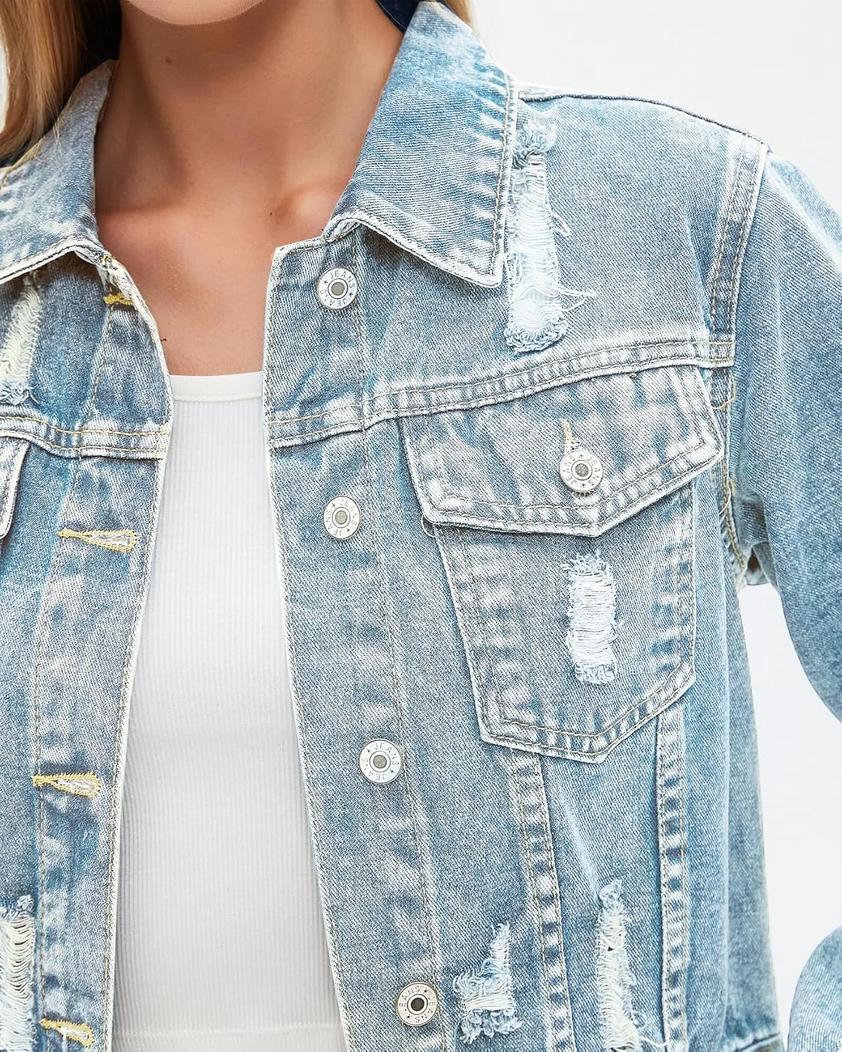 LifeShe Distressed Jean Jacket Women Cropped Button Down Washed Boyfriend Denim Jacket Crop Ripped Coat