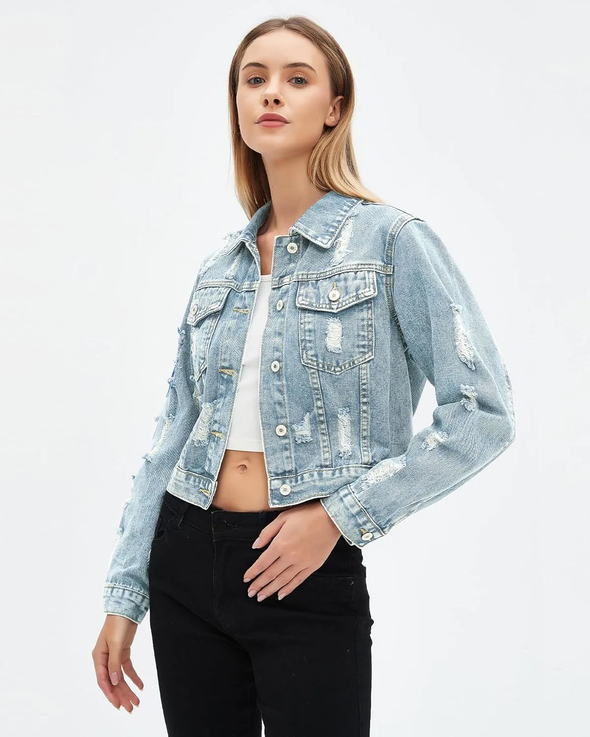 LifeShe Distressed Jean Jacket Women Cropped Button Down Washed Boyfriend Denim Jacket Crop Ripped Coat