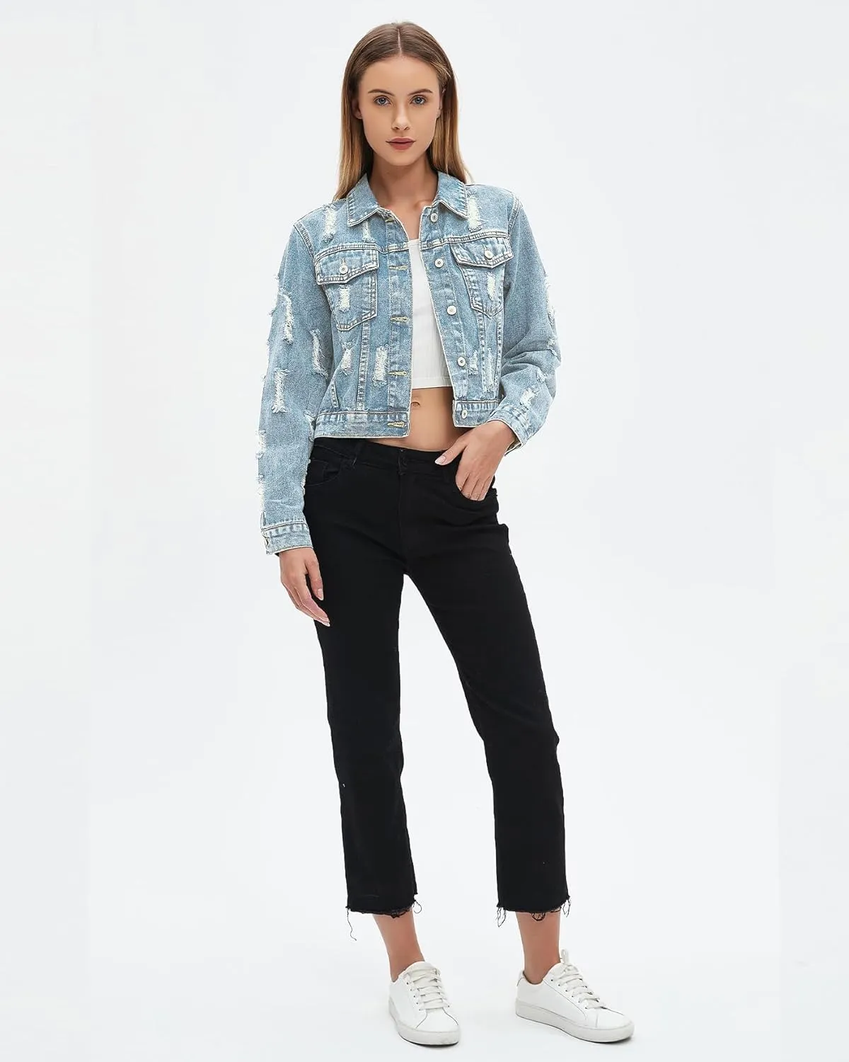 LifeShe Distressed Jean Jacket Women Cropped Button Down Washed Boyfriend Denim Jacket Crop Ripped Coat