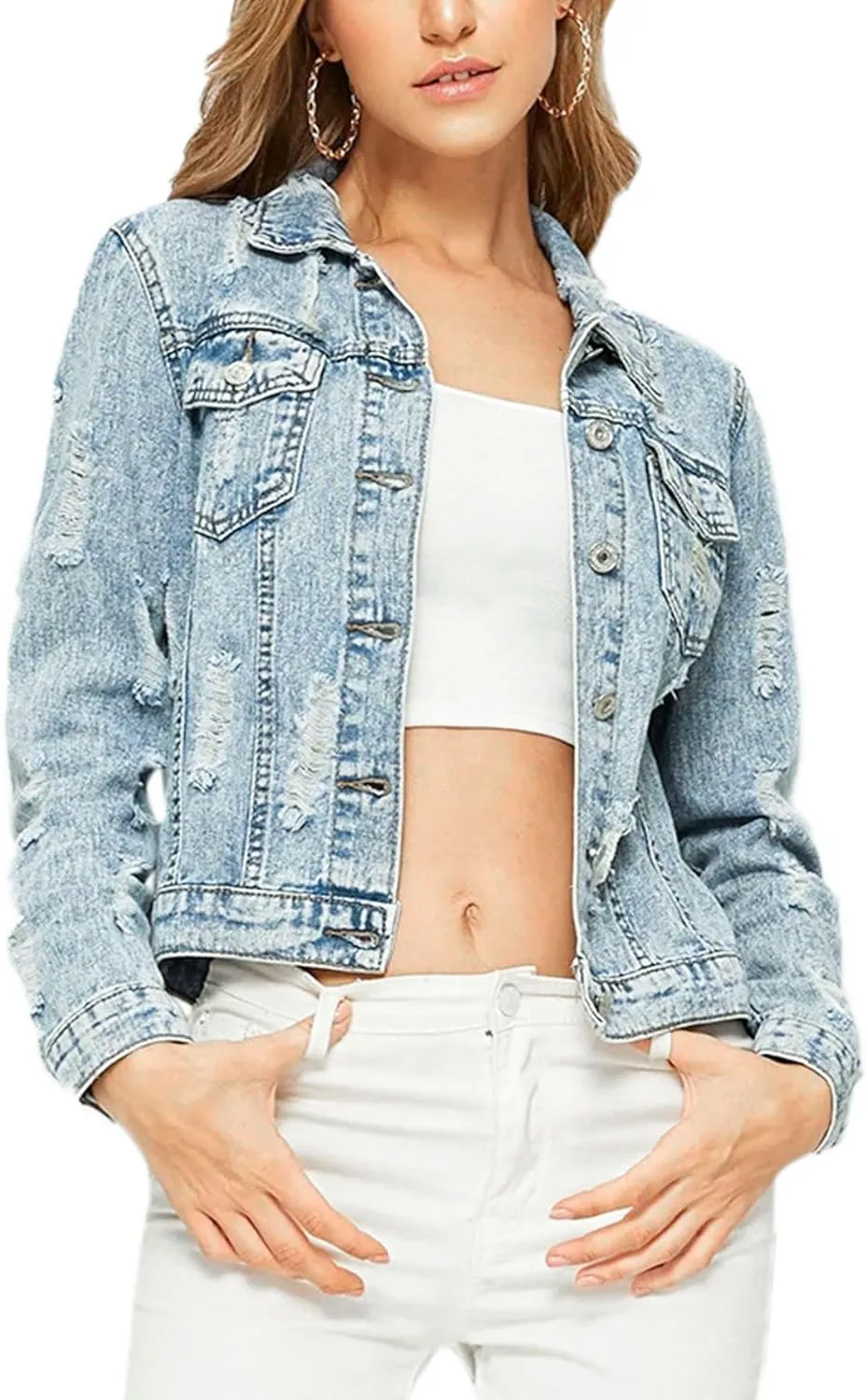 LifeShe Distressed Jean Jacket Women Cropped Button Down Washed Boyfriend Denim Jacket Crop Ripped Coat