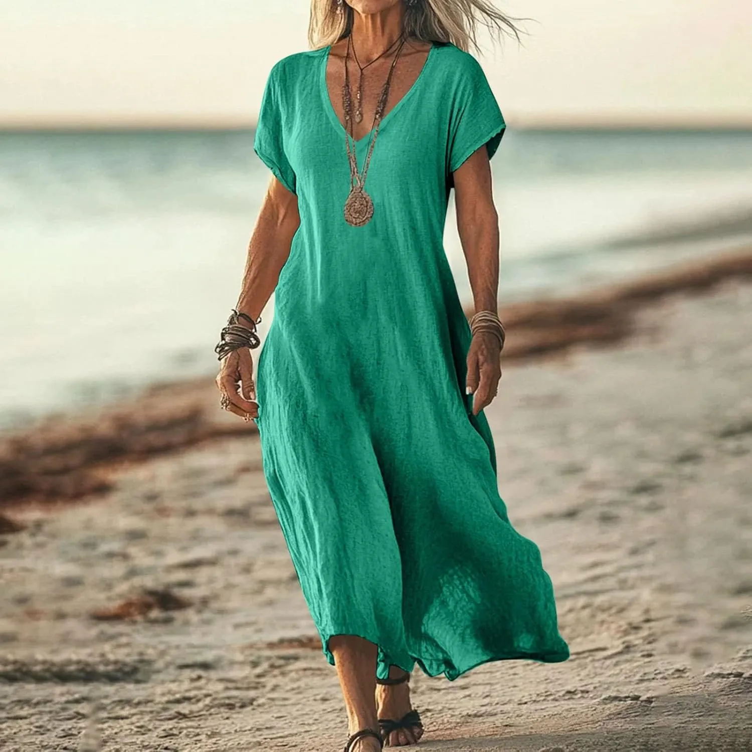Linen Dresses for Women 2025 Casual Flowy V Neck Short Sleeve Maxi Dress Lightweight Summer Beach Vacation Clothes