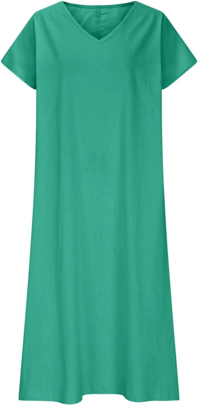 Linen Dresses for Women 2025 Casual Flowy V Neck Short Sleeve Maxi Dress Lightweight Summer Beach Vacation Clothes