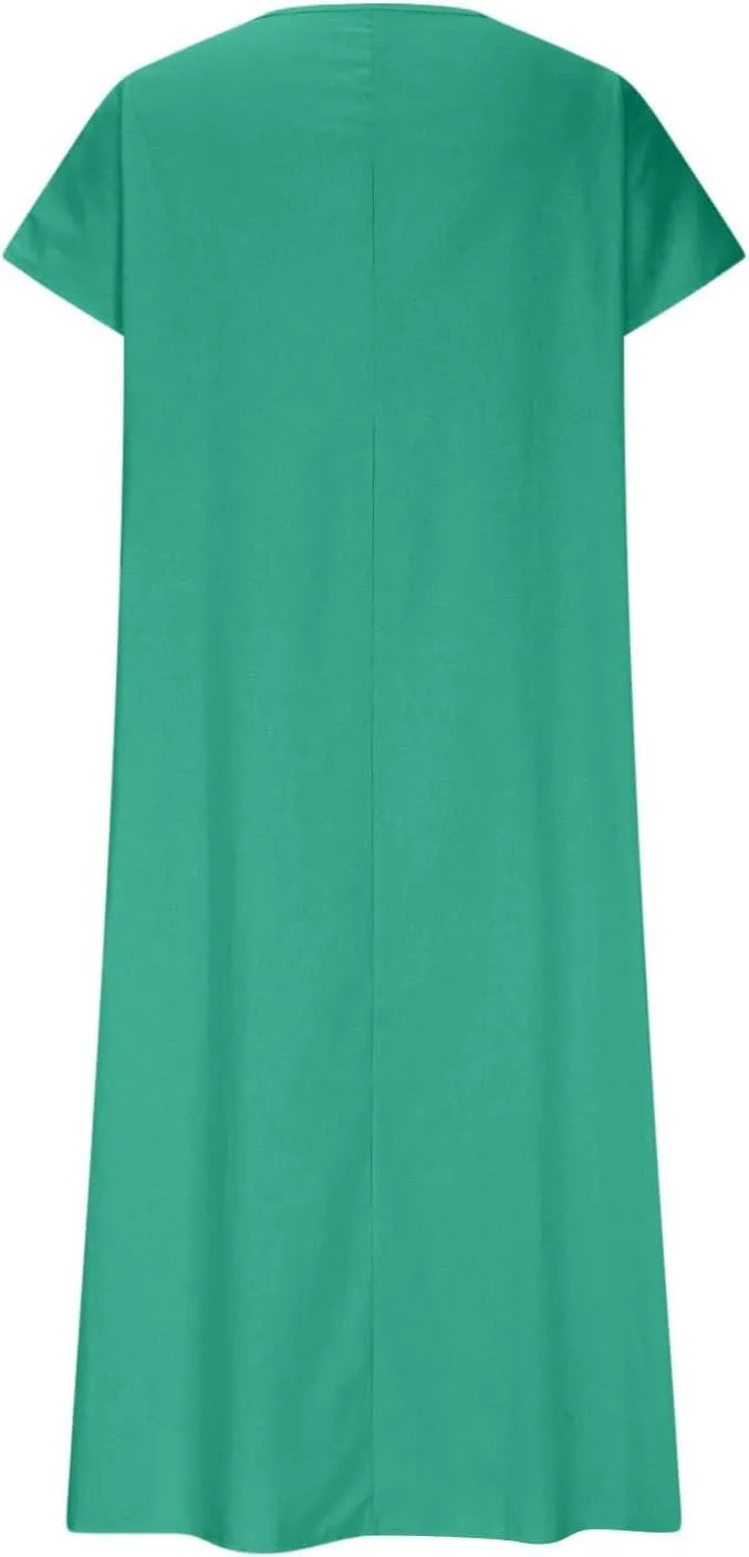 Linen Dresses for Women 2025 Casual Flowy V Neck Short Sleeve Maxi Dress Lightweight Summer Beach Vacation Clothes
