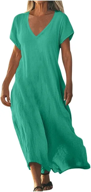 Linen Dresses for Women 2025 Casual Flowy V Neck Short Sleeve Maxi Dress Lightweight Summer Beach Vacation Clothes