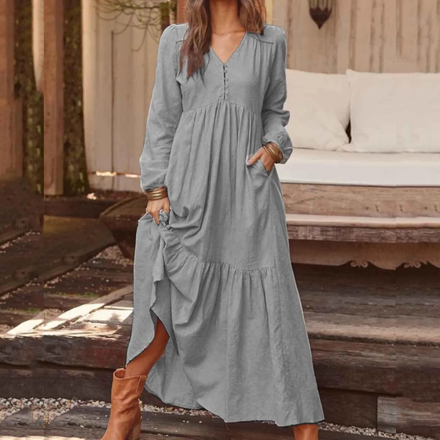 Linen Dresses for Women 2025 Solid V-Neck Tiered Ruffle Long Sleeve Dress Comfy Vacation Midi Sundresses with Pockets