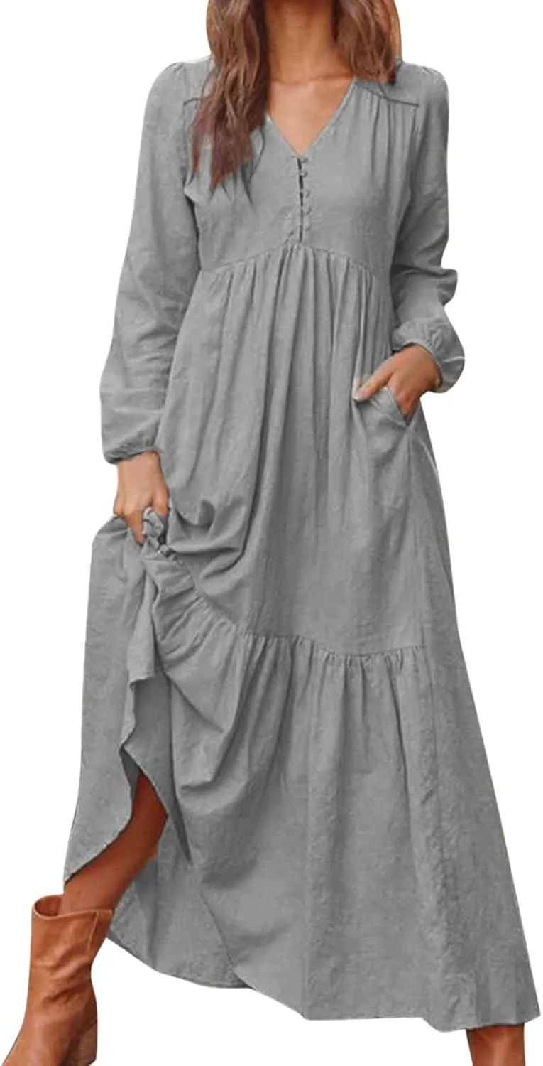 Linen Dresses for Women 2025 Solid V-Neck Tiered Ruffle Long Sleeve Dress Comfy Vacation Midi Sundresses with Pockets