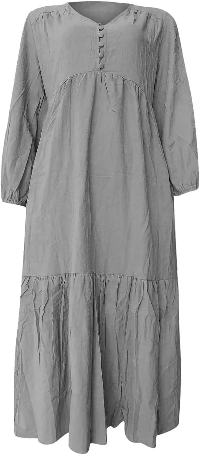Linen Dresses for Women 2025 Solid V-Neck Tiered Ruffle Long Sleeve Dress Comfy Vacation Midi Sundresses with Pockets