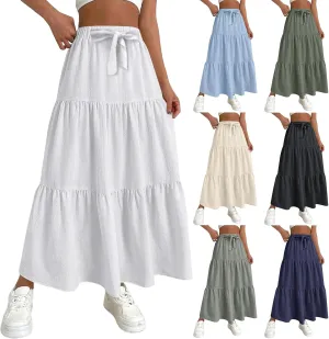 Linen Maxi Skirts for Women 2025 Summer Boho Long Flowy Skirt Bow Tie Elastic Waist Tiered Swing Pleated A Line Skirt