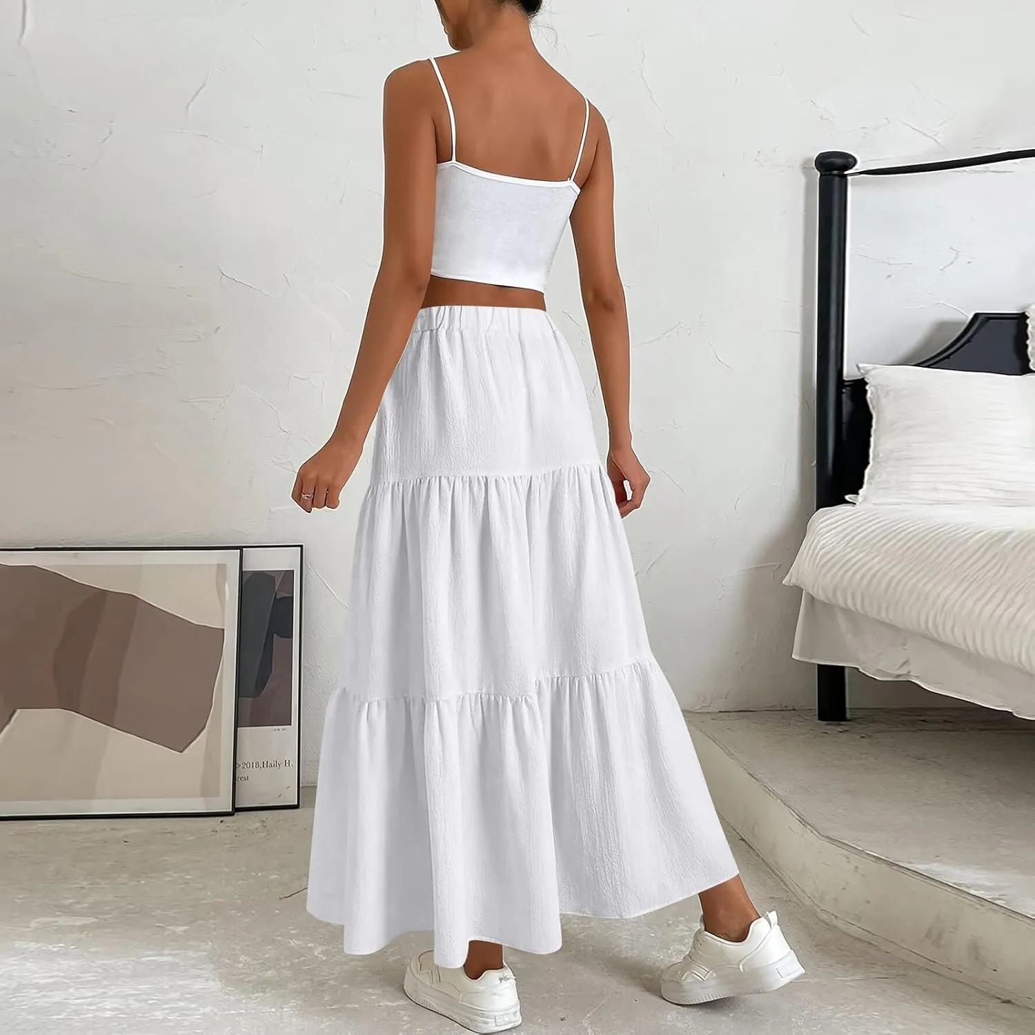 Linen Maxi Skirts for Women 2025 Summer Boho Long Flowy Skirt Bow Tie Elastic Waist Tiered Swing Pleated A Line Skirt