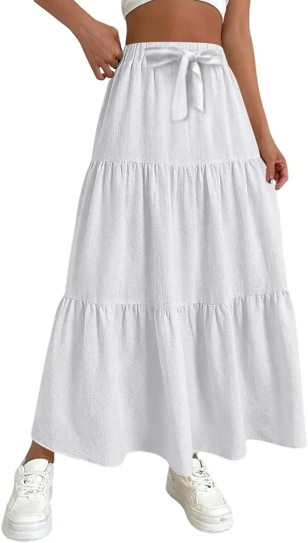 Linen Maxi Skirts for Women 2025 Summer Boho Long Flowy Skirt Bow Tie Elastic Waist Tiered Swing Pleated A Line Skirt