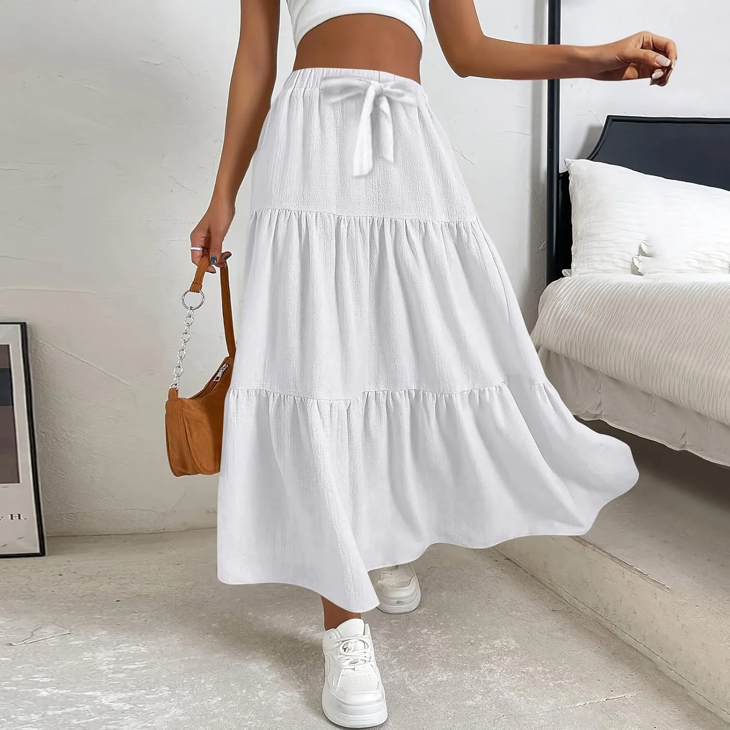Linen Maxi Skirts for Women 2025 Summer Boho Long Flowy Skirt Bow Tie Elastic Waist Tiered Swing Pleated A Line Skirt