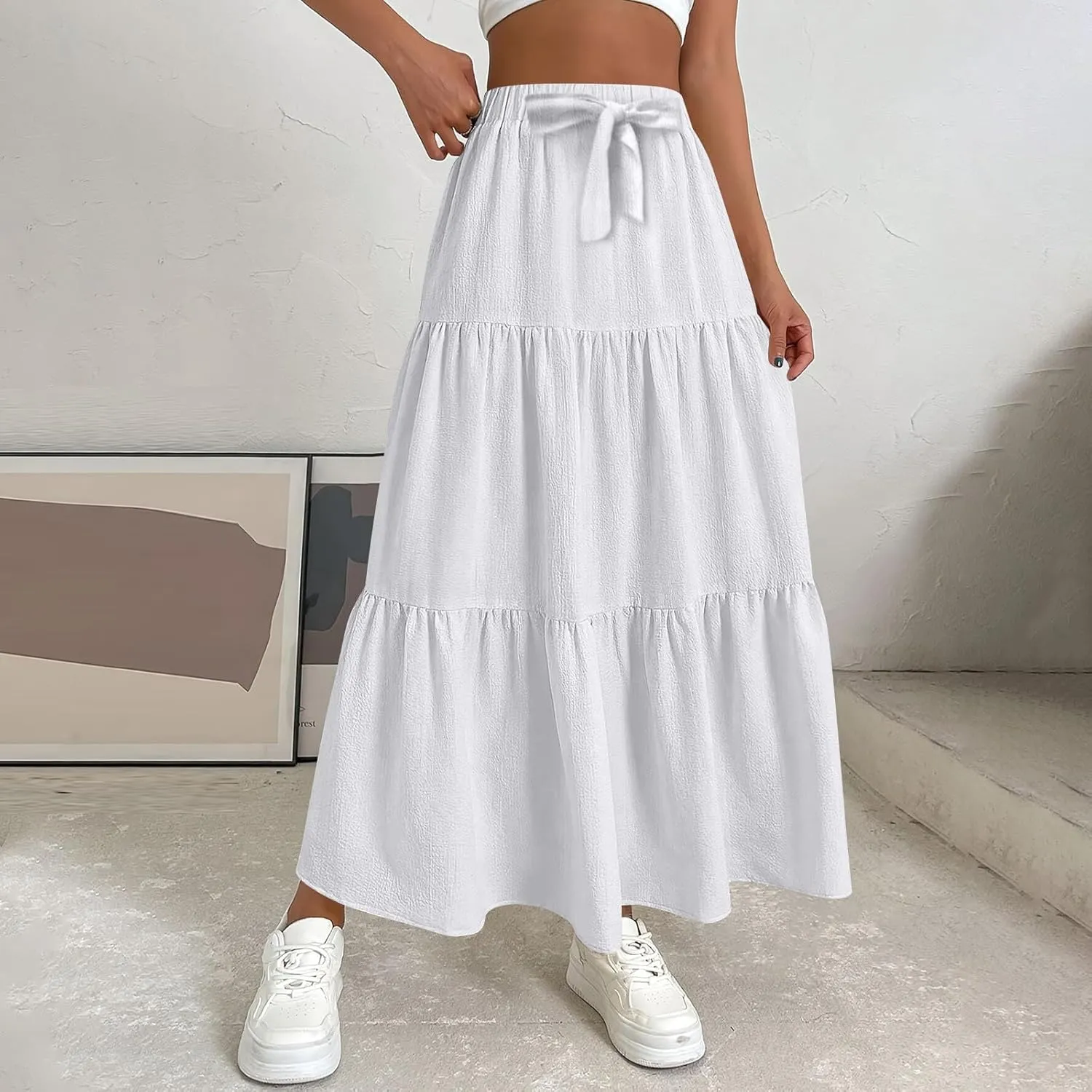 Linen Maxi Skirts for Women 2025 Summer Boho Long Flowy Skirt Bow Tie Elastic Waist Tiered Swing Pleated A Line Skirt