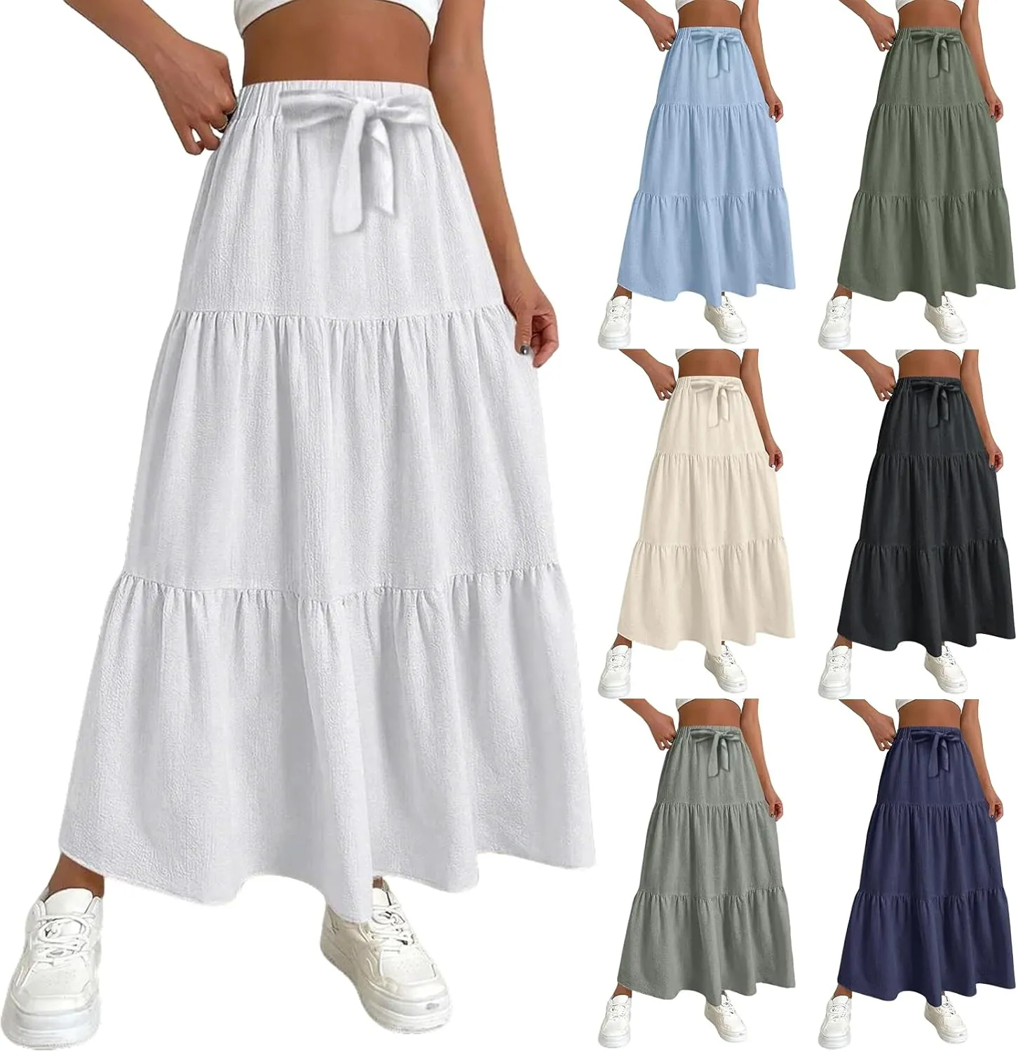 Linen Maxi Skirts for Women 2025 Summer Boho Long Flowy Skirt Bow Tie Elastic Waist Tiered Swing Pleated A Line Skirt
