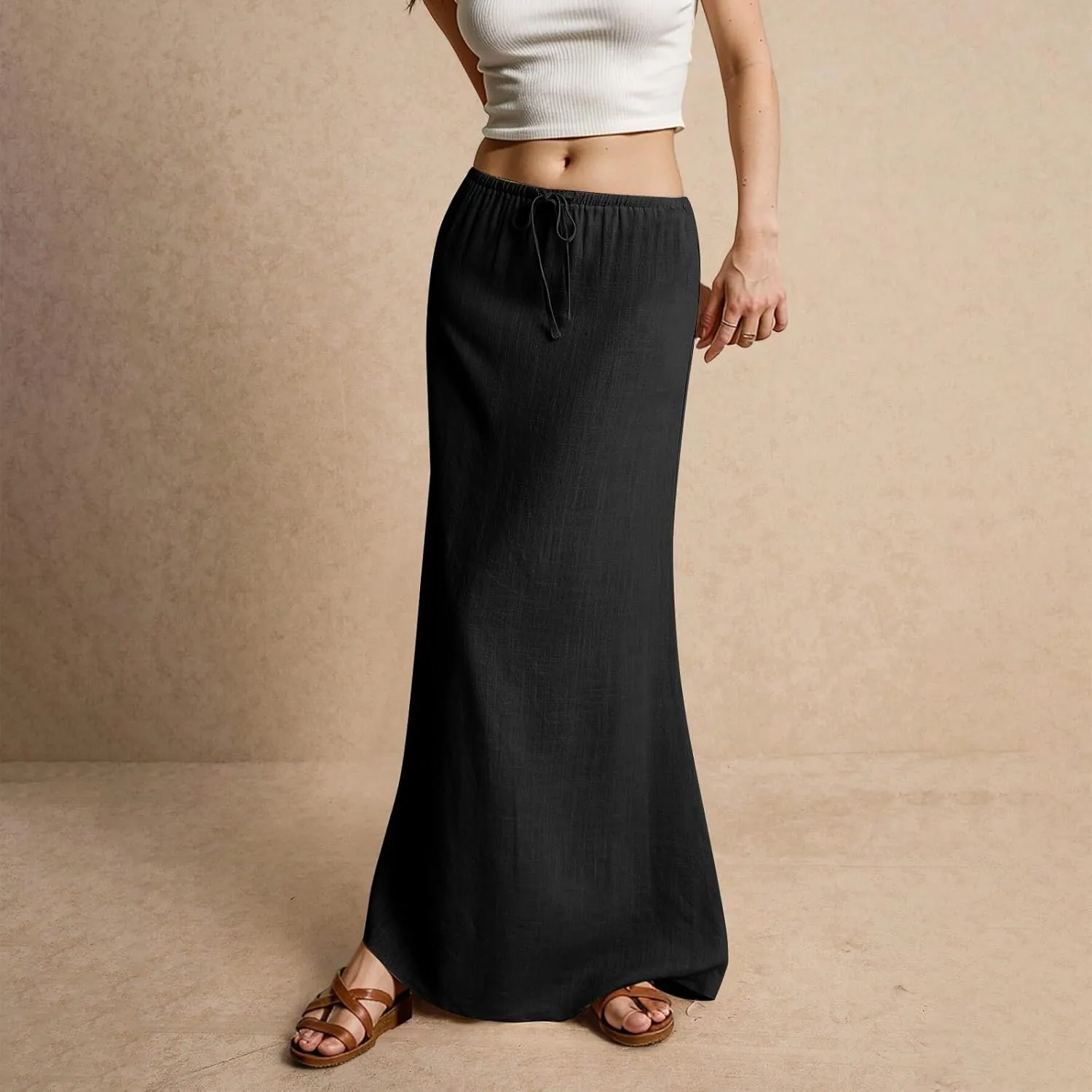 Linen Maxi Skirts for Women 2025 Summer Drawstring Waist A Line Skirts Vacation Trendy Comfy Boho Long Flowy Skirt