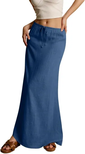 Linen Maxi Skirts for Women 2025 Summer Drawstring Waist A Line Skirts Vacation Trendy Comfy Boho Long Flowy Skirt