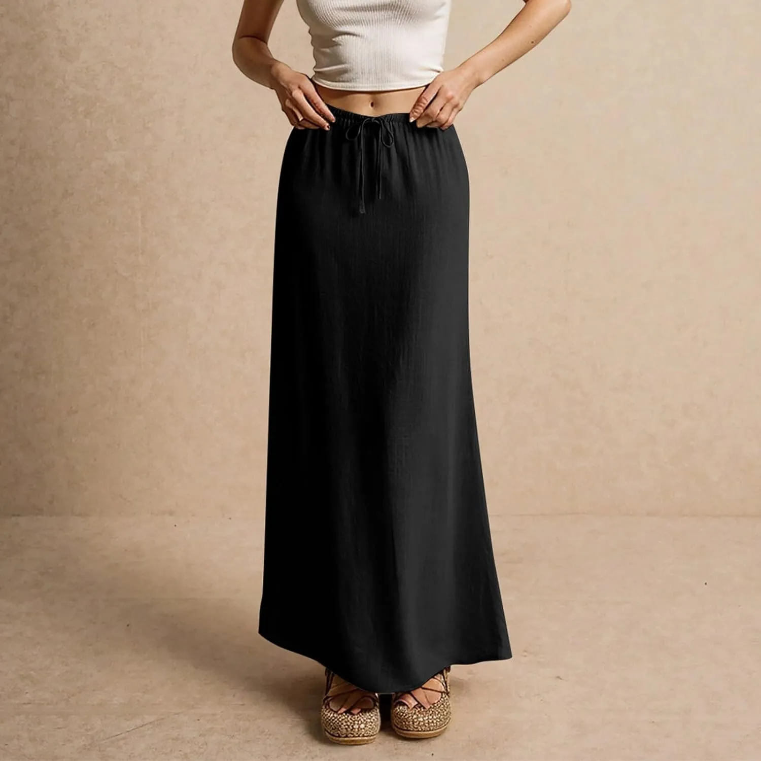 Linen Maxi Skirts for Women 2025 Summer Drawstring Waist A Line Skirts Vacation Trendy Comfy Boho Long Flowy Skirt