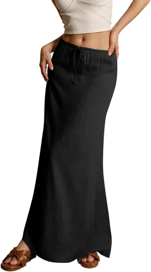 Linen Maxi Skirts for Women 2025 Summer Drawstring Waist A Line Skirts Vacation Trendy Comfy Boho Long Flowy Skirt