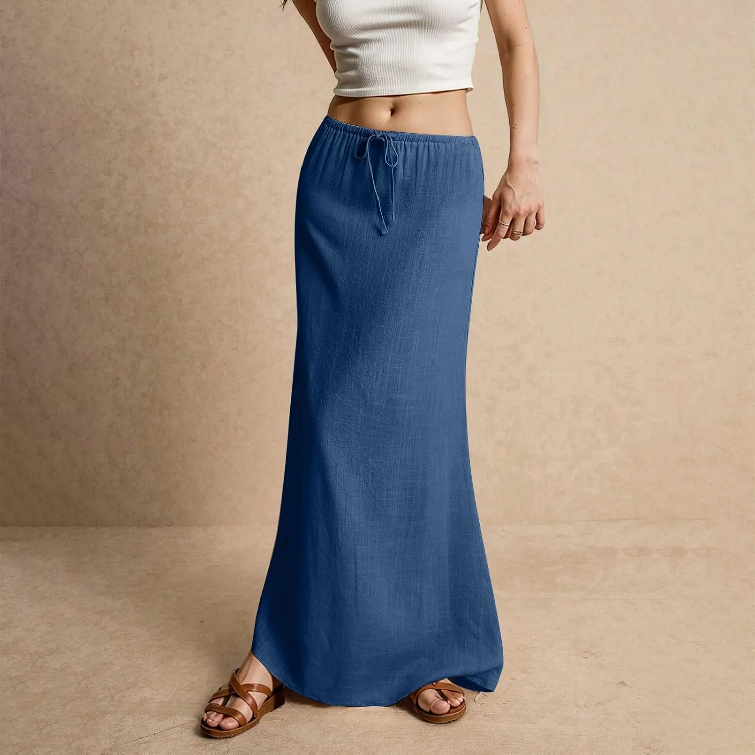Linen Maxi Skirts for Women 2025 Summer Drawstring Waist A Line Skirts Vacation Trendy Comfy Boho Long Flowy Skirt