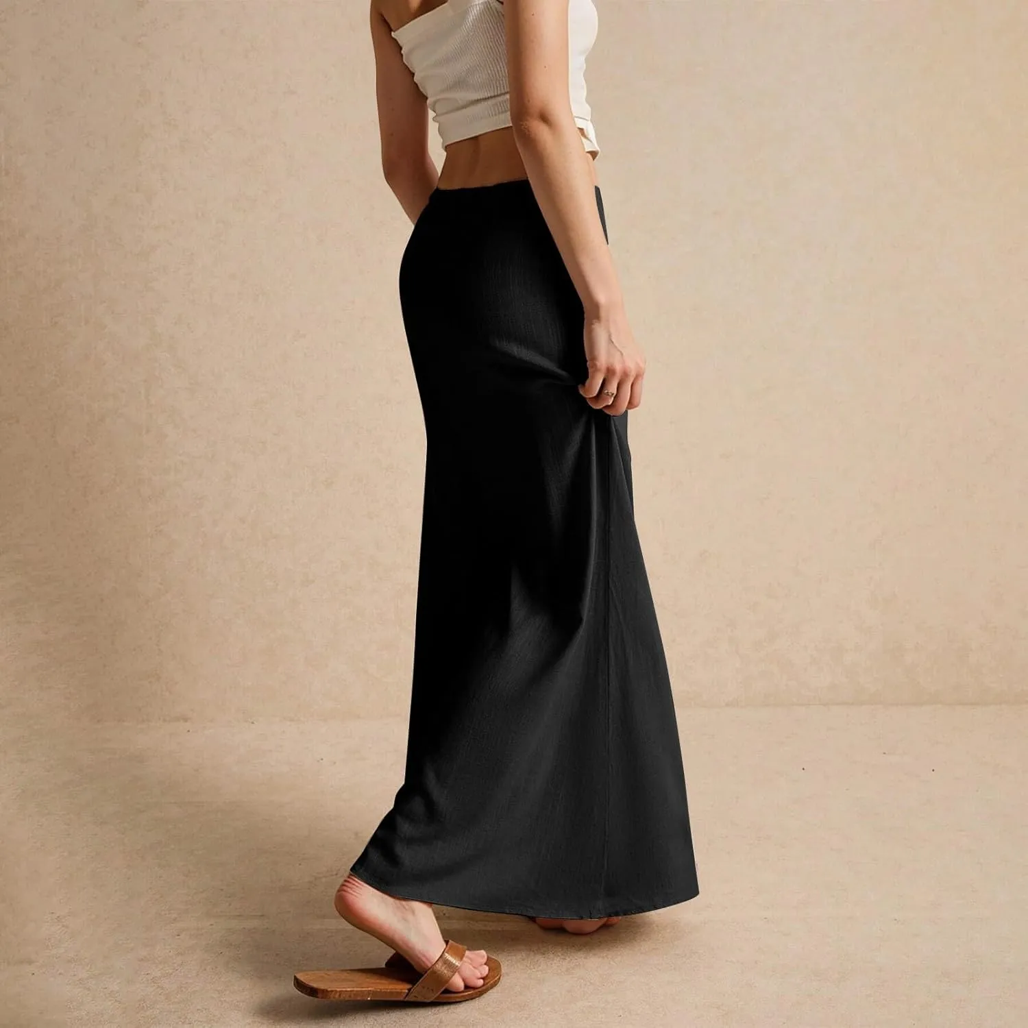 Linen Maxi Skirts for Women 2025 Summer Drawstring Waist A Line Skirts Vacation Trendy Comfy Boho Long Flowy Skirt