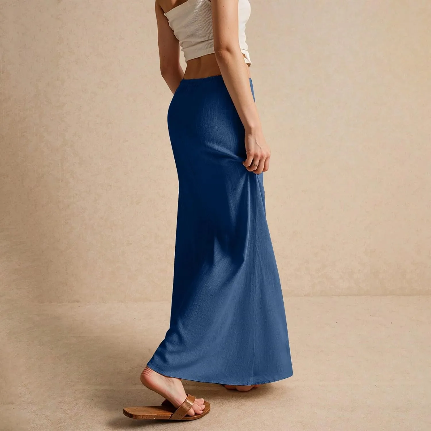 Linen Maxi Skirts for Women 2025 Summer Drawstring Waist A Line Skirts Vacation Trendy Comfy Boho Long Flowy Skirt