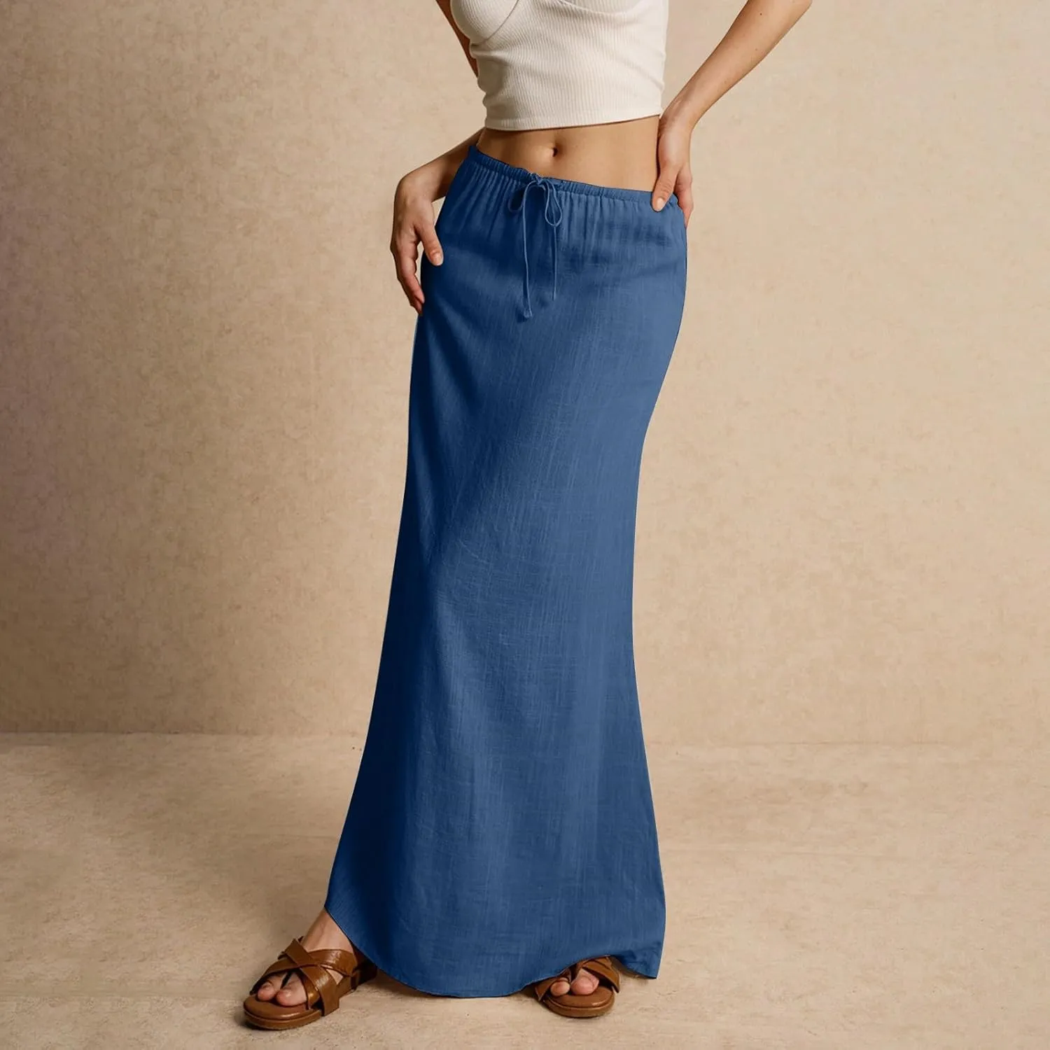 Linen Maxi Skirts for Women 2025 Summer Drawstring Waist A Line Skirts Vacation Trendy Comfy Boho Long Flowy Skirt