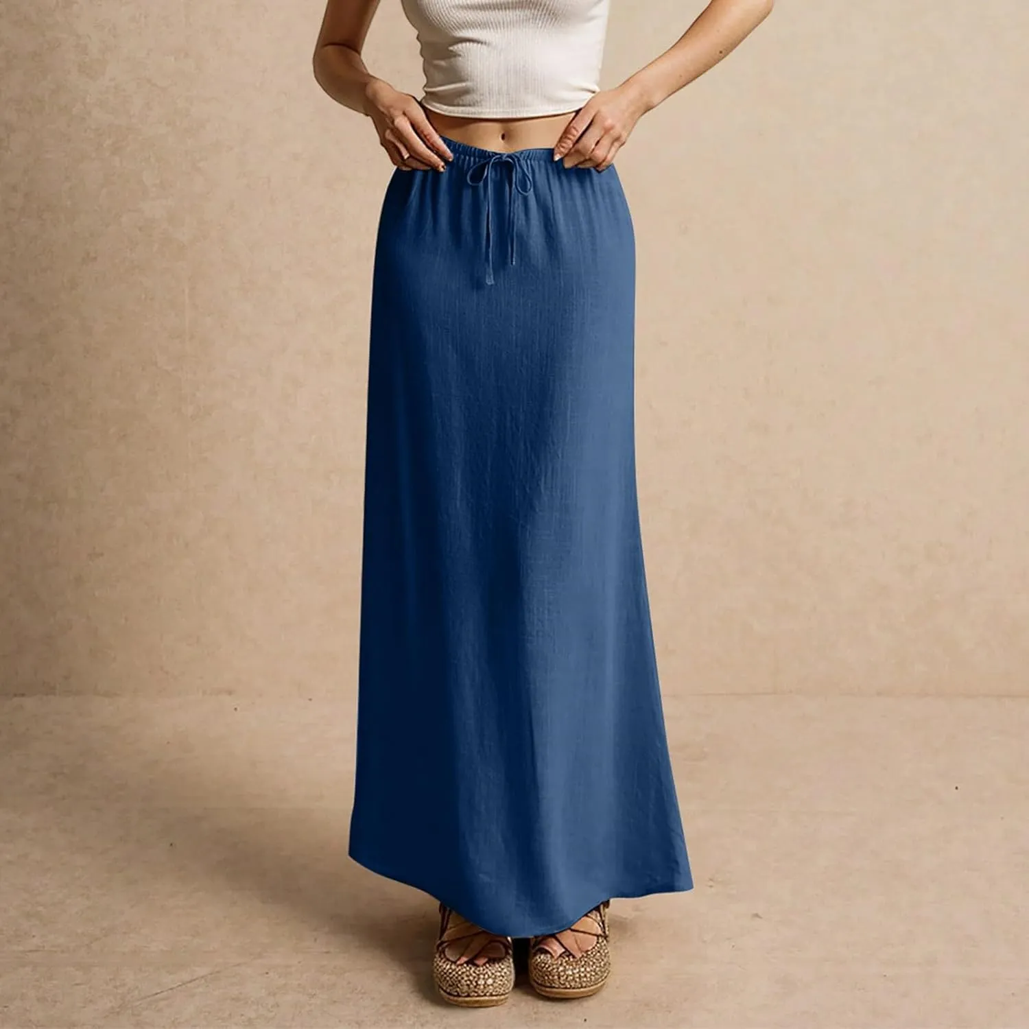 Linen Maxi Skirts for Women 2025 Summer Drawstring Waist A Line Skirts Vacation Trendy Comfy Boho Long Flowy Skirt