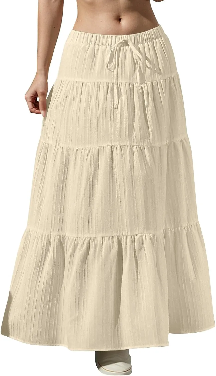Linen Maxi Skirts for Women Elegant Pleated Tiered A Line Long Skirt Casual Summer Flowy Beach Skirt Vacation Outfits